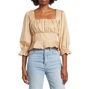 THE GOOD JANE Square Neck Ruched 3/4 Sleeve Top in Tan (S)